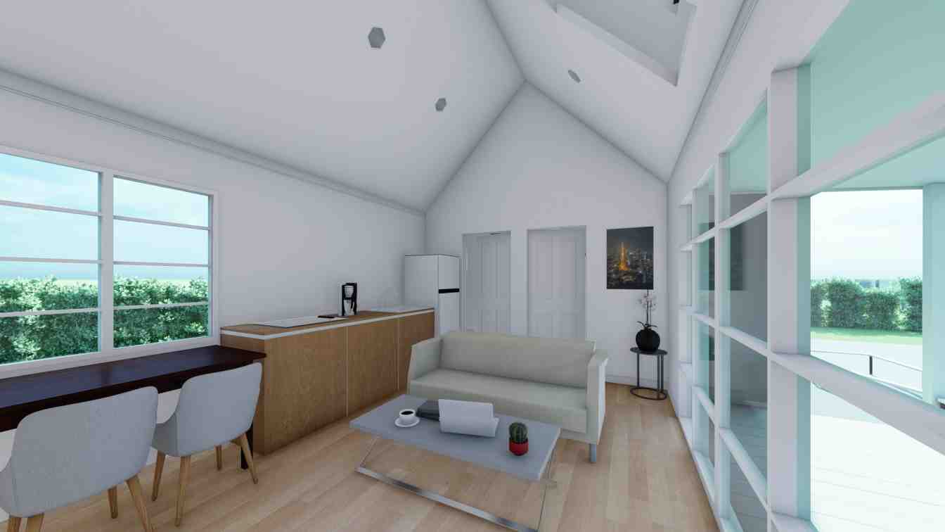 ภายในห้องระดับฝ้าสูง เป็นทรงจั่วไล่ตามทรงหลังคาจั่ว อีกเอกลักษณ์ของบ้านสไตล์ English cottage จาก Modulux